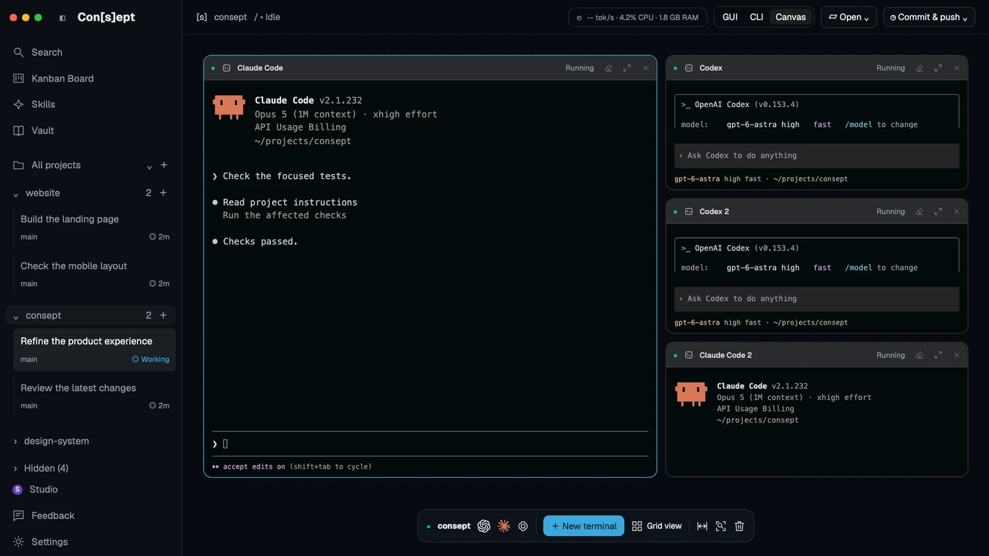 Illustrative Consept Canvas with one large Claude Code terminal and three smaller Codex and Claude Code terminals beside it.