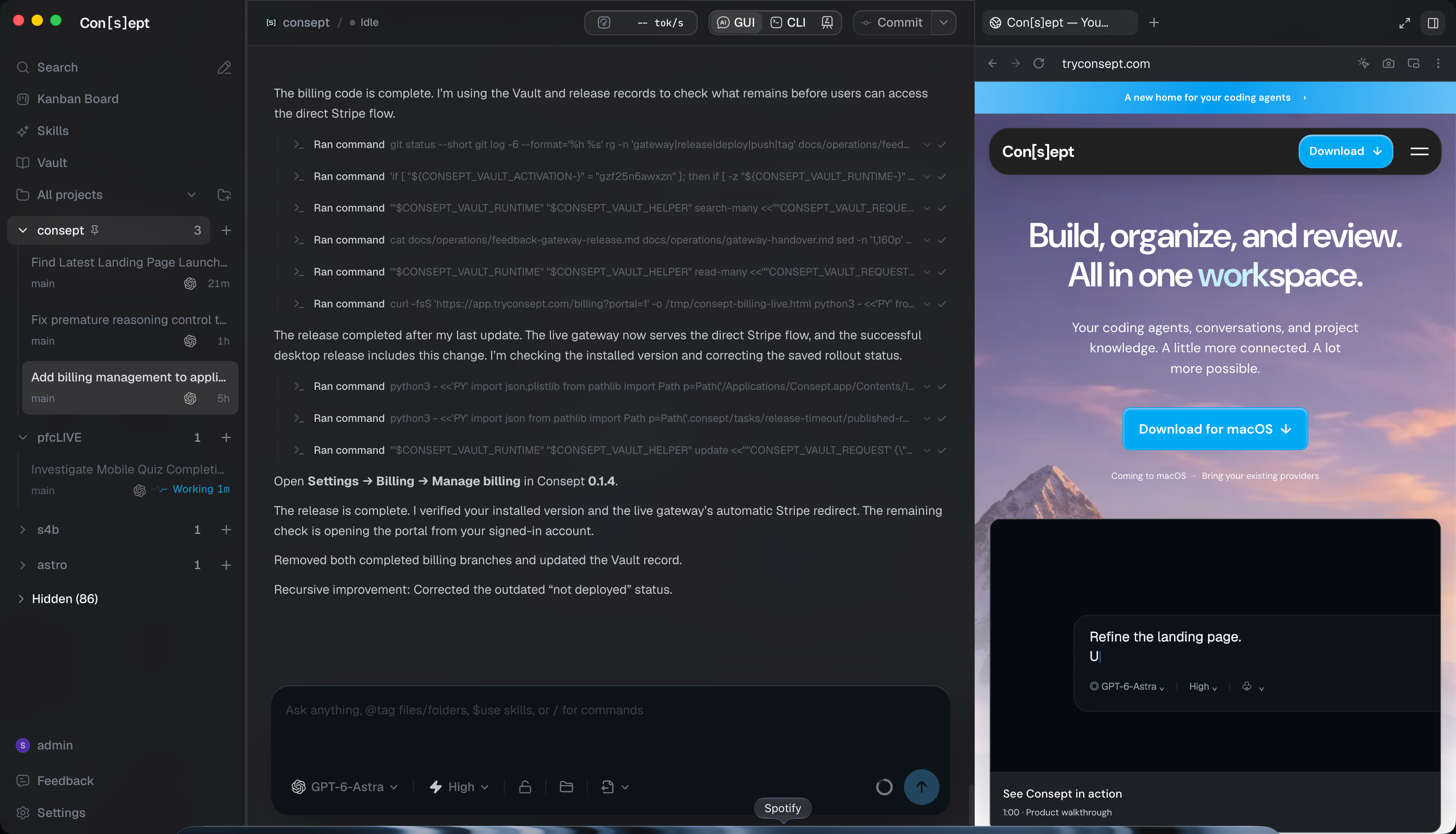 Consept workspace with project threads, an agent conversation, and the website open in the built-in browser.