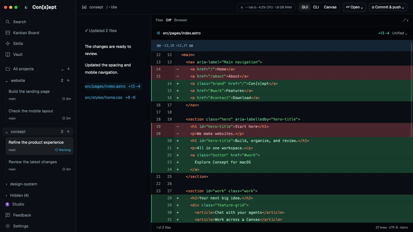 Consept source control view showing added and removed code beside the project workspace.