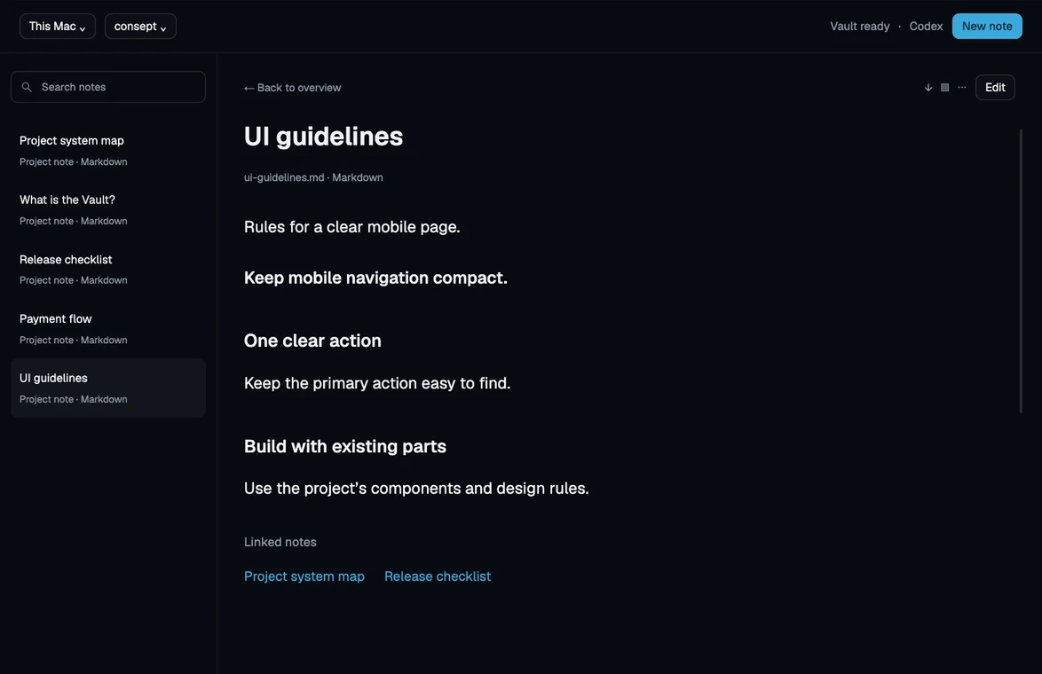 Illustrative Project Vault note showing saved UI guidelines, with links to the project system map and release checklist.