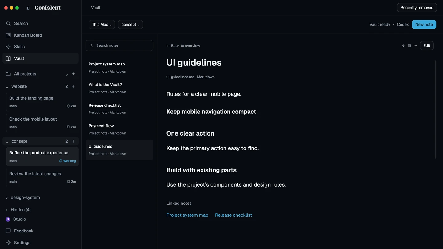 Consept Vault displaying an editable UI guidelines note and links to related project knowledge.
